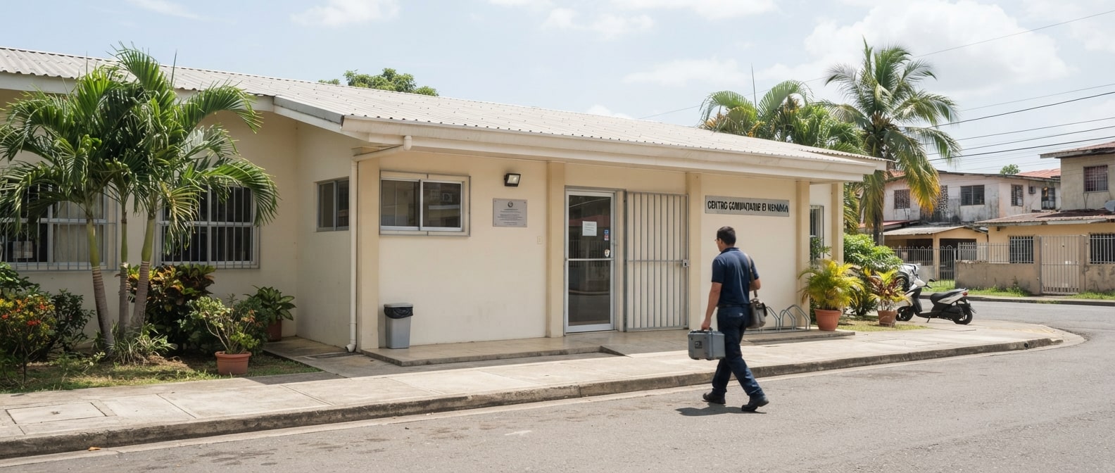 Técnico de OMEGA SMART SERVICE llegando a instalar un sistema de seguridad en un edificio comunitario de Panamá