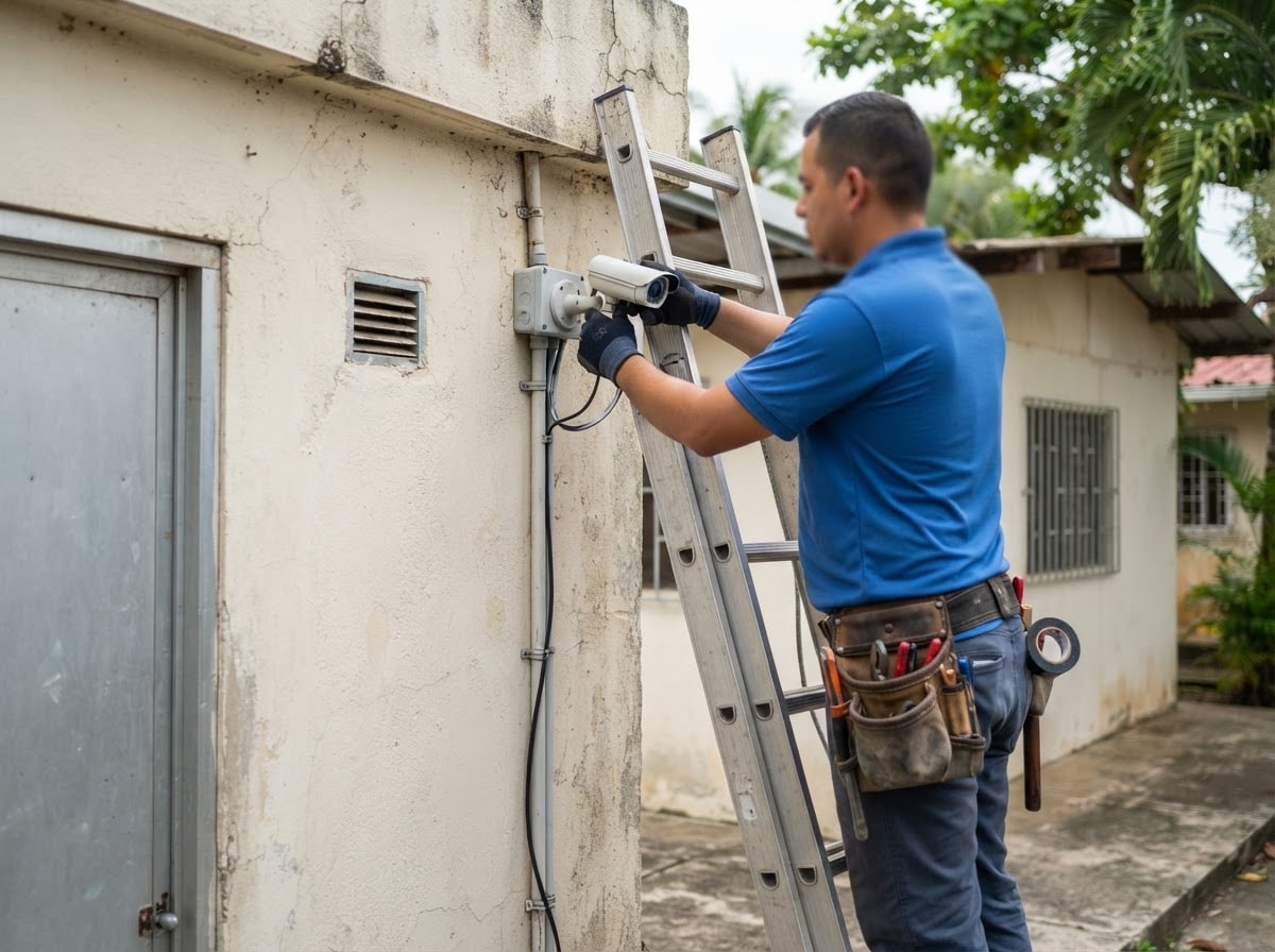 Técnico de OMEGA SMART SERVICE instalando una cámara de seguridad en la fachada de un edificio comunitario