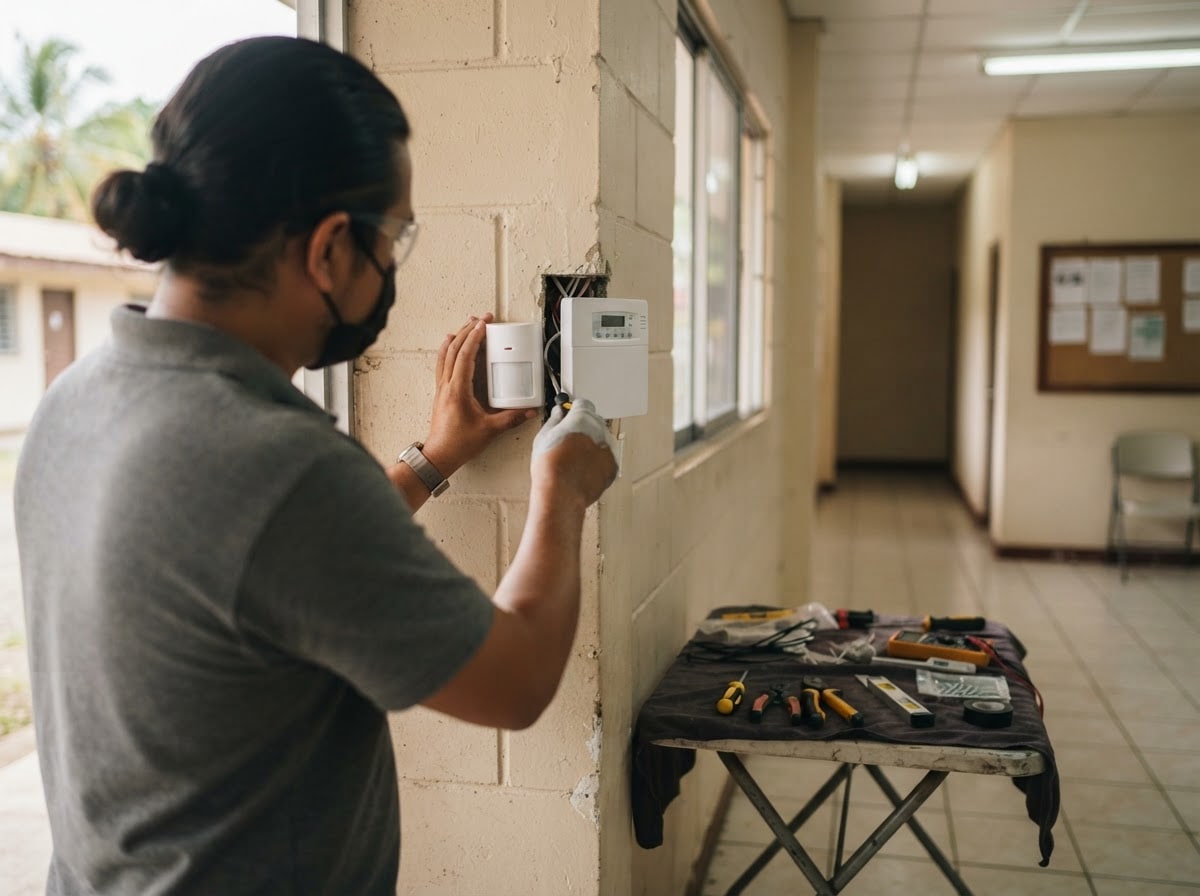 Técnico de OMEGA SMART SERVICE instalando un sensor de movimiento en una sala comunitaria
