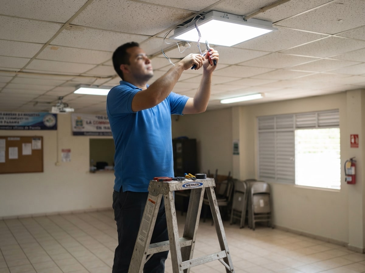 Técnico de OMEGA SMART SERVICE instalando iluminación en el techo de una sala comunitaria